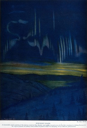 view Astronomy: the Aurora Borealis, with pine trees in the foreground. Colour process print after by M. Raebel, 1909.