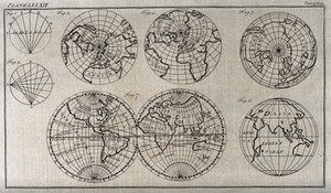 view Geography: six views of the Earth, showing different ways of projecting information. Engraving.