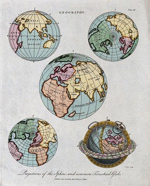 view Geography: the hemispheres of a globe. Engraving by J. Pass, 1807.