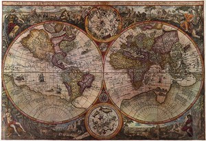 view Geography: a map of the world. Colour lithograph, ca.1970, after J. B. Vrients, 1596.