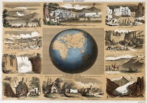 view Geography: a map of the world, with local scenes around. Coloured lithograph.