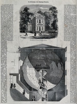 view Geography: a panoramic display of the world, in a building on the Champs Élysées, Paris. Wood engraving.