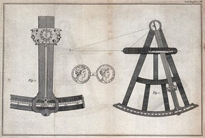 view Navigation: a sextant, and detail of the cursor. Engraving, 1768.