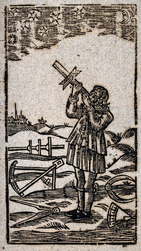 Navigation: a man using a Jacob's staff (cross staff), various other measuring devices at his feet. Woodcut, 16--.