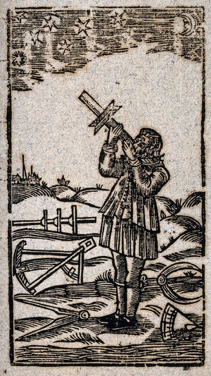 view Navigation: a man using a Jacob's staff (cross staff), various other measuring devices at his feet. Woodcut, 16--.