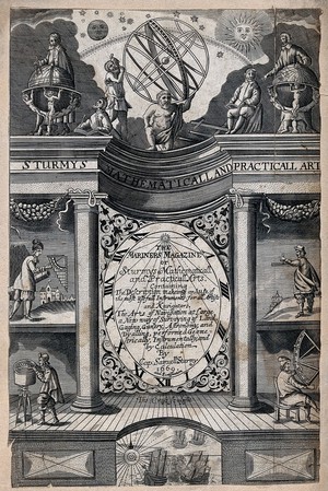 view Navigation: the engraved titlepage to the Mariners Magazine. Engraving by T. Cross 1669 [after S. Sturmy?].