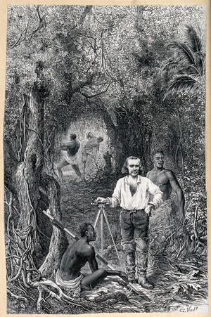 view Louis Lacharme, with a level and with local assistants, clearing a route through dense jungle in Panama for an interoceanic canal. Wood engraving by G. Vuillier.