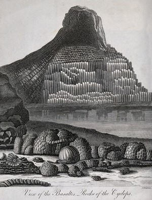 view Geology: an outcrop of basalt columns by the sea. Engraving by J. Chapman.