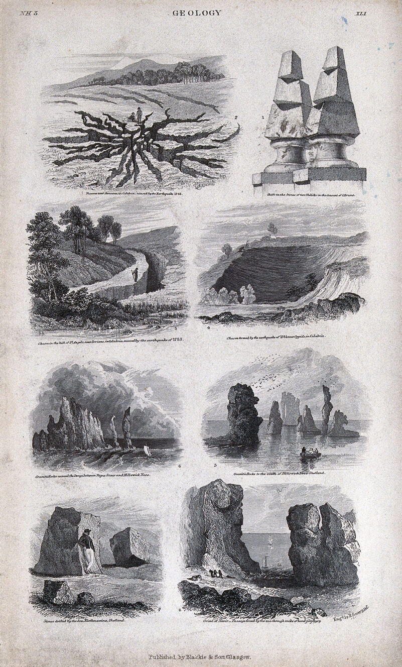 Geology: various kinds of rocks and geological features. Engraving by R. Scott., by Robert Scott