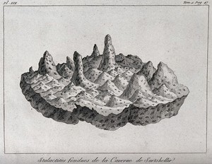 view Geology: stalatites found in a cave in mountains at Surtshellir, Iceland. Engraving.