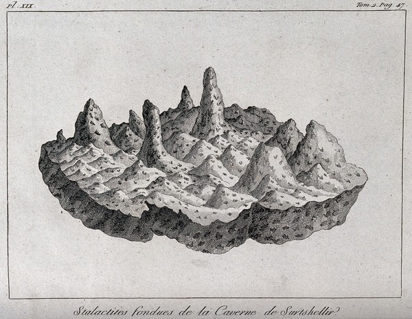 Geology: stalatites found in a cave in mountains at Surtshellir, Iceland. Engraving.