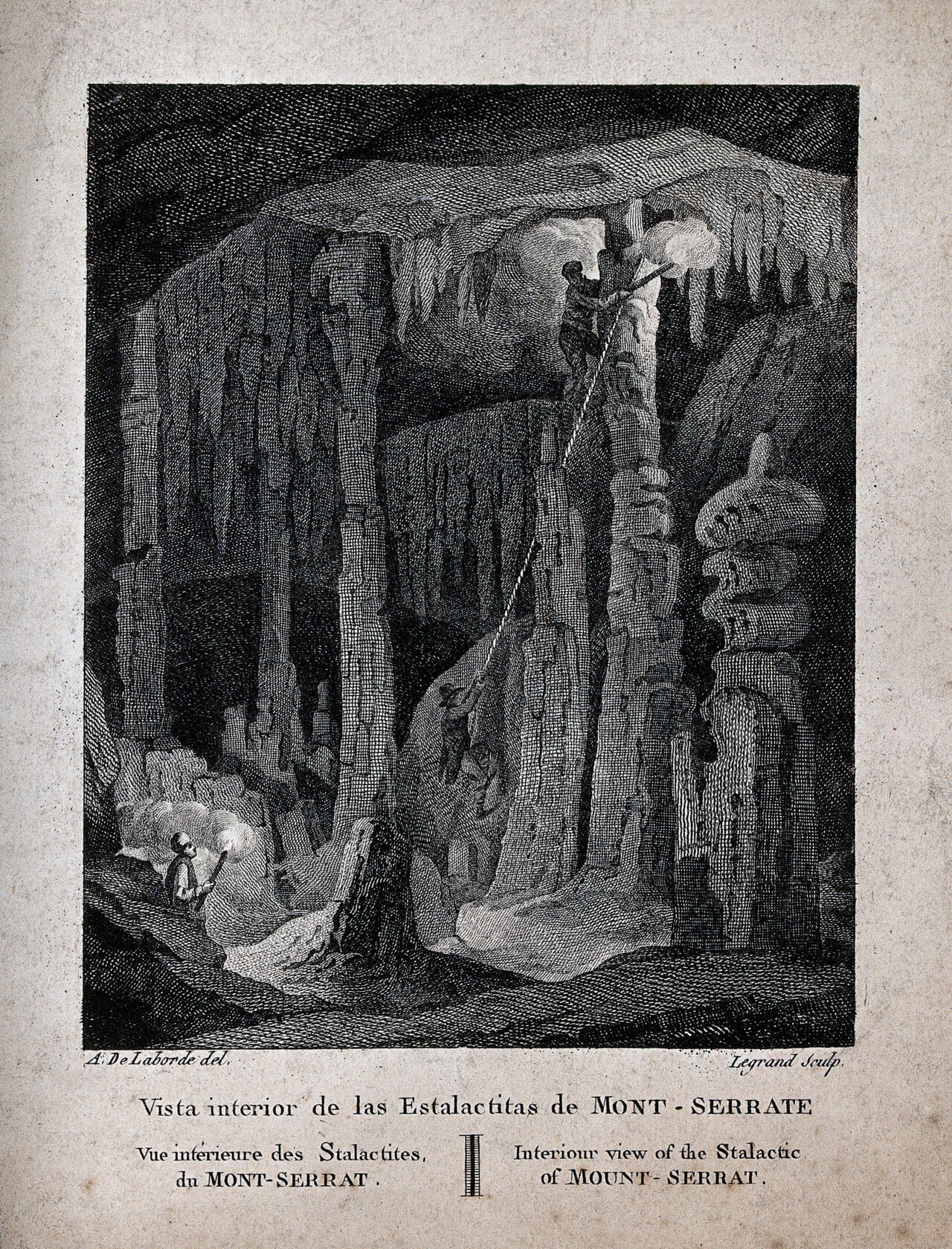 Geology: visitors climbing the large stalactites in a cave at Montserrat. Engraving by Legrand after A. de Laborde., by Alexandre de Laborde (1773-1842)