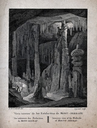 Geology: visitors climbing the large stalactites in a cave at Montserrat. Engraving by Legrand after A. de Laborde.