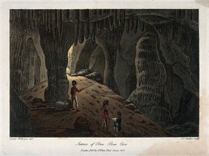 view Geology: two soldiers being shown the interior of Poca Roca Cave. Coloured aquatint, 1801.