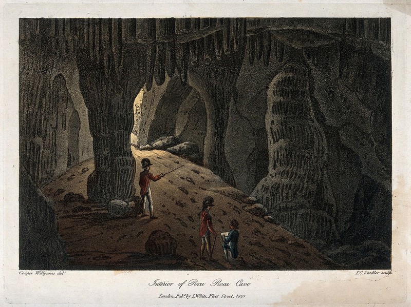 Geology: two soldiers being shown the interior of Poca Roca Cave. Coloured aquatint, 1801., 1801, by Cooper Willyams