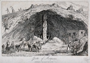 view Geology: the grotto at Antiparos (exterior). Etching by G. Cruikshank after John Auldjo.