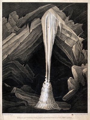 view Geology: a large stalactite in Kingston Cave, Ireland. Lithograph by G. Masser after Miss Atkinson.