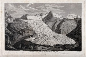 view Geology: the Rhone glacier in the Valais. Engraving by C. Niquet the younger after J.S.D. Besson.