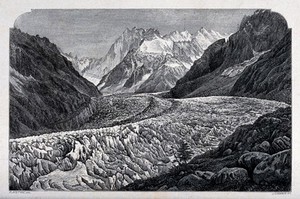 view Geology: the Mer de Glace, Chamonix-Mont Blanc. Wood engraving by J.D. Cooper after P. Justyne.