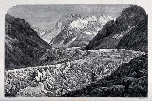 Geology: the Mer de Glace, Chamonix-Mont Blanc. Wood engraving by J.D. Cooper after P. Justyne.