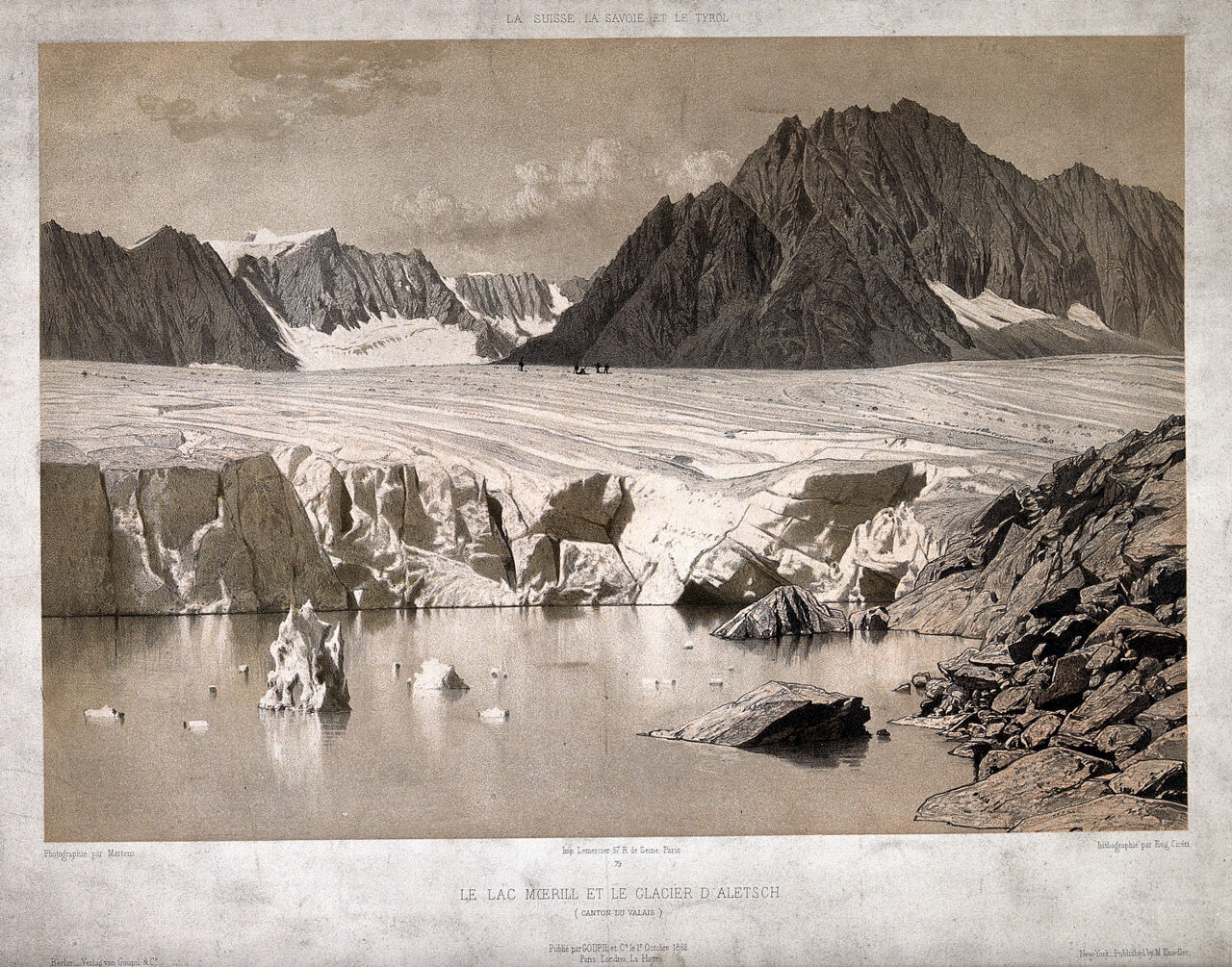 Geology: the Great Aletsch glacier and the Märjelensee in the Valais. Lithograph by E. Cicéri, 1862, after F. Martens., Le 1.r Octobre 1862, by Frédéric Martens