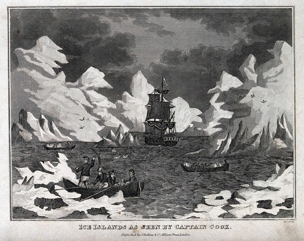 Geology: large icebergs seen in the South Atlantic on Cook's voyages: sailors in boats collecting pieces of ice. Engraving by Roe.