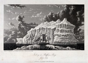 view Geology: a large iceberg in Baffin Bay. Aquatint by W. Westall after Beechey.