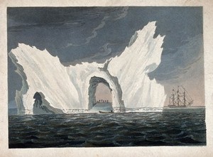 view Meteorology: a large iceberg including an arch within which people are standing. Coloured aquatint.