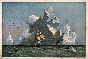 view A large iceberg with a ship sailing past it. Coloured engraving by or after E. Weedon.