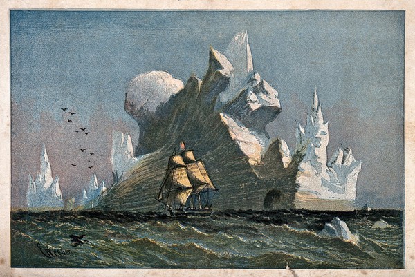 A large iceberg with a ship sailing past it. Coloured engraving by or after E. Weedon.