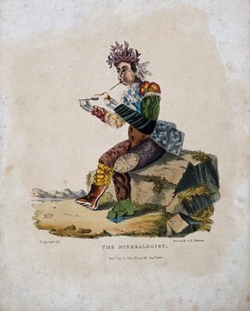 Minerals: a caricature of a mineralogist whose body is made of rocks. Coloured lithograph by G. E. Madeley, 1830, after G. Spratt.