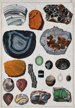 Chemistry: various crystalline substances. Coloured engraving.