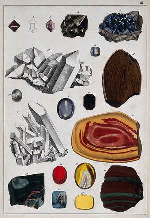 view Chemistry: various crystalline substances. Coloured engraving.