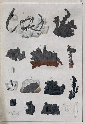 Chemistry: various crystalline substances. Coloured engraving.