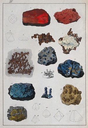 view Chemistry: various crystalline substances. Coloured engraving.