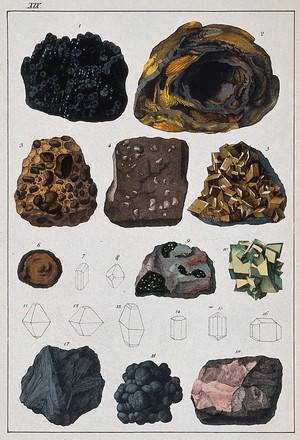 view Chemistry: various crystalline substances. Coloured engraving.