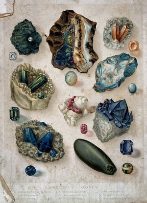 view Geology: various crystalline substances. Coloured lithograph by A. Pralon after G. Pouchet.