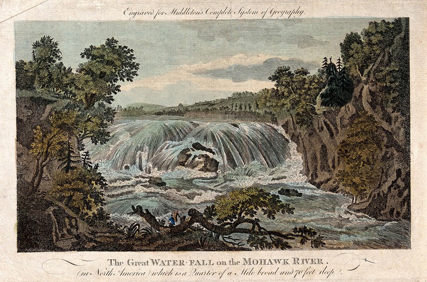 Geography: a waterfall on the Mohawk river, North America. Coloured engraving, c.1740.