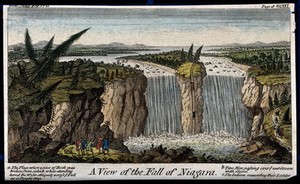 view Geography: Niagara Falls, seen from a distance. Coloured engraving, 1751.