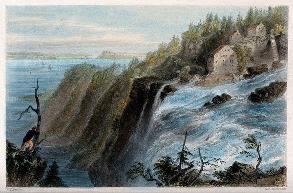 Geography: Montmorenci Falls, seen from close by. Coloured engraving by G.K. Richardson, 1840, after W.H. Bartlett.
