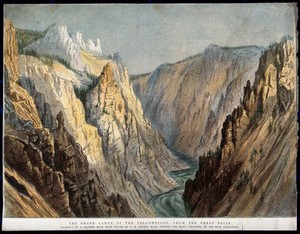 view Geography: the Grand Canyon, Yellowstone Park. Coloured lithograph after T.H. Thomas.