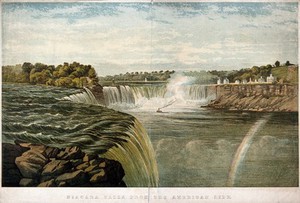 view Geography: Niagara Falls, seen from a distance. Coloured lithograph, ca.1890, after G.H. Andrews.