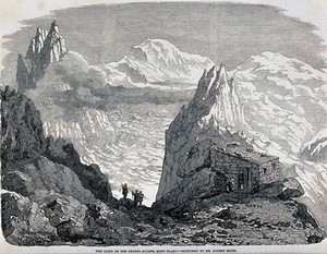 view Mont Blanc: travellers outside the cabin on the Grands Mulets. Wood engraving, 1853, after Albert Smith.