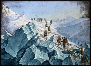 view Horace Bénédict de Saussure and others descending Mont Blanc. Coloured aquatint.