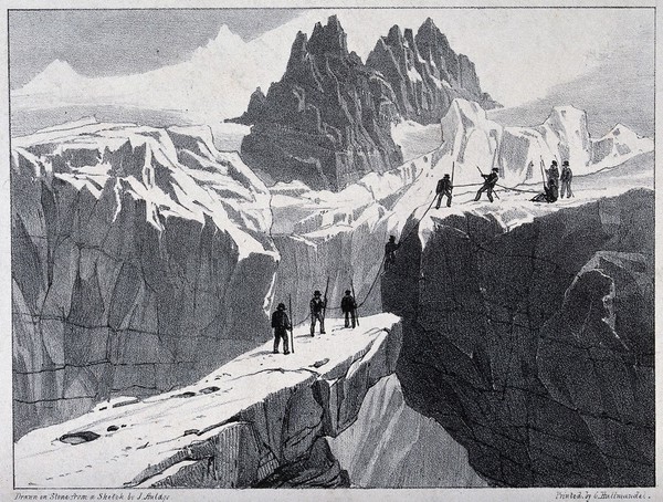 The ascent of Mont Blanc by John Auldjo's party in 1827: mountaineers scaling a wall of ice above a precipice. Lithograph after J. Auldjo, 1828.