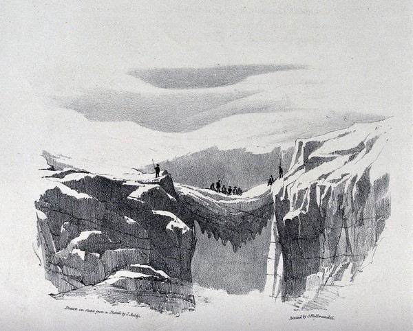 The ascent of Mont Blanc by John Auldjo's party in 1827: the party breakfasting on a bridge of snow between two cliffs. Lithograph after J. Auldjo, 1828.