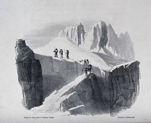 view The ascent of Mont Blanc by John Auldjo's party in 1827: the party negotiating a cliff. Lithograph after J. Auldjo, 1828.