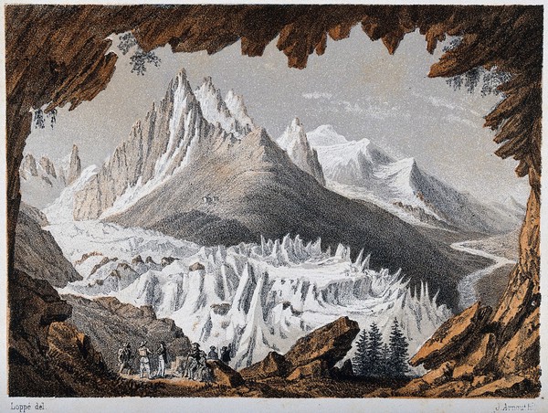 The Glacier des Bains [or Bois?], Mont Blanc, from the Montanvert to Chamonix. Colour lithograph by J. Arnout, 1843, after G. Loppé.