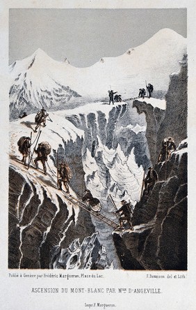 Henriette d'Angeville and her party ascending Mont Blanc, 1838. Colour lithograph by F. Baumann.