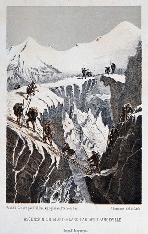 view Henriette d'Angeville and her party ascending Mont Blanc, 1838. Colour lithograph by F. Baumann.